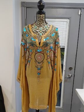 Embellished Mustard Boho Tunic Dress with Turquoise Accents citrine Swimwear